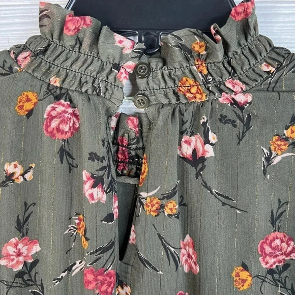 DREW Anthro Green Floral Print Dress Gold Stripes Long Sleeves Smocked Size L - Picture 9 of 16